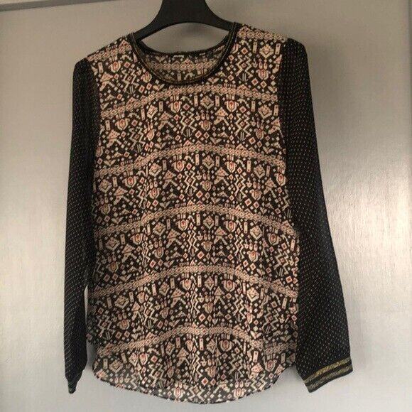 Maison Scotch & Soda Sheer Aztec Boho Top Womens 2 Black Red Gold Long Sleeve - Picture 1 of 6